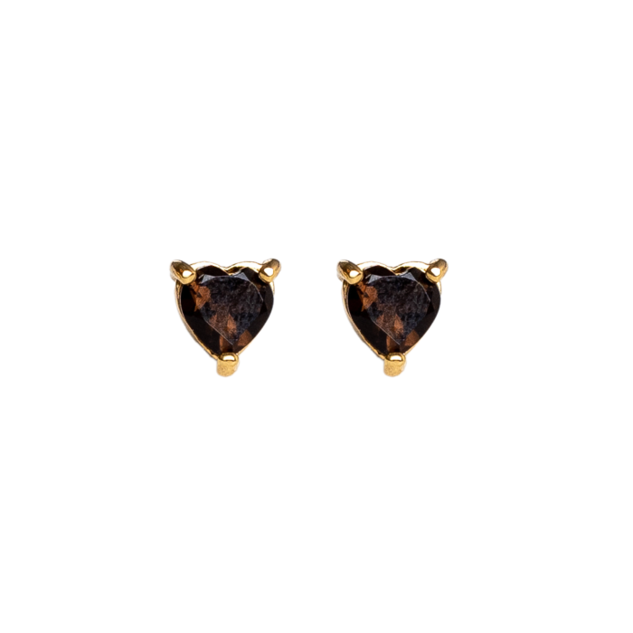 Złote Kolczyki Sztyfty Serce z Kwarcem Dymnym