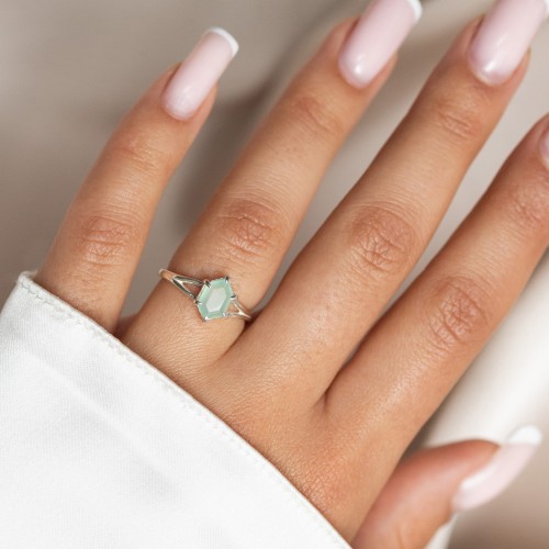 Pierścionek Hexagon z Agatem Miętowym Silver