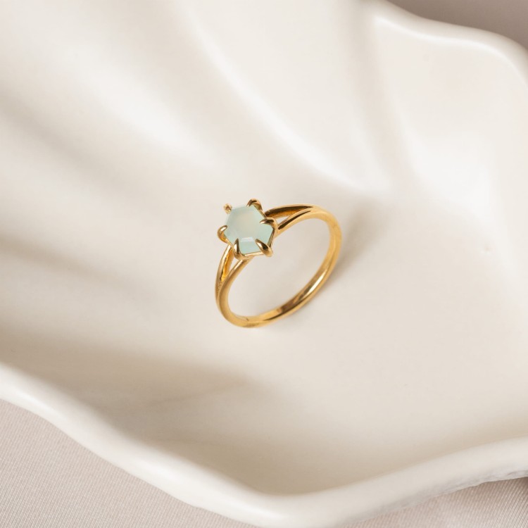 Pierścionek Hexagon z Agatem Miętowym Gold