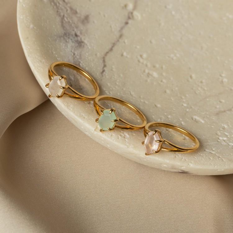 Pierścionek Hexagon z Agatem Miętowym Gold