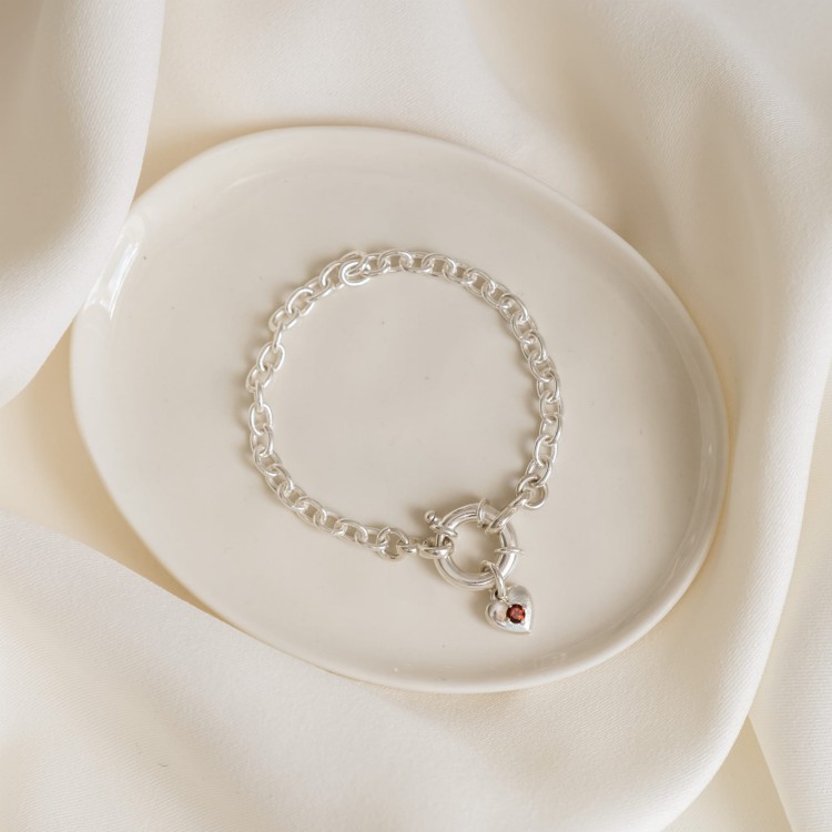 Bransoletka z Sercem i Minerałem Do Wyboru na Grubym Łańcuchu Silver