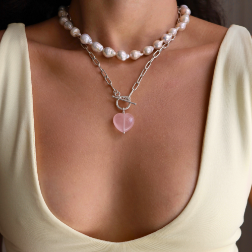 Naszyjnik Serce z Kwarcem Różowym z Ozdobnym Zapięciem Silver (1) (id: 2808)