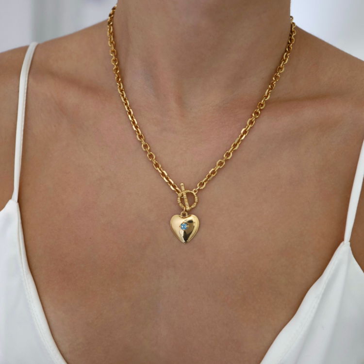 Naszyjnik Duże Serce z Topazem Niebieskim Gold